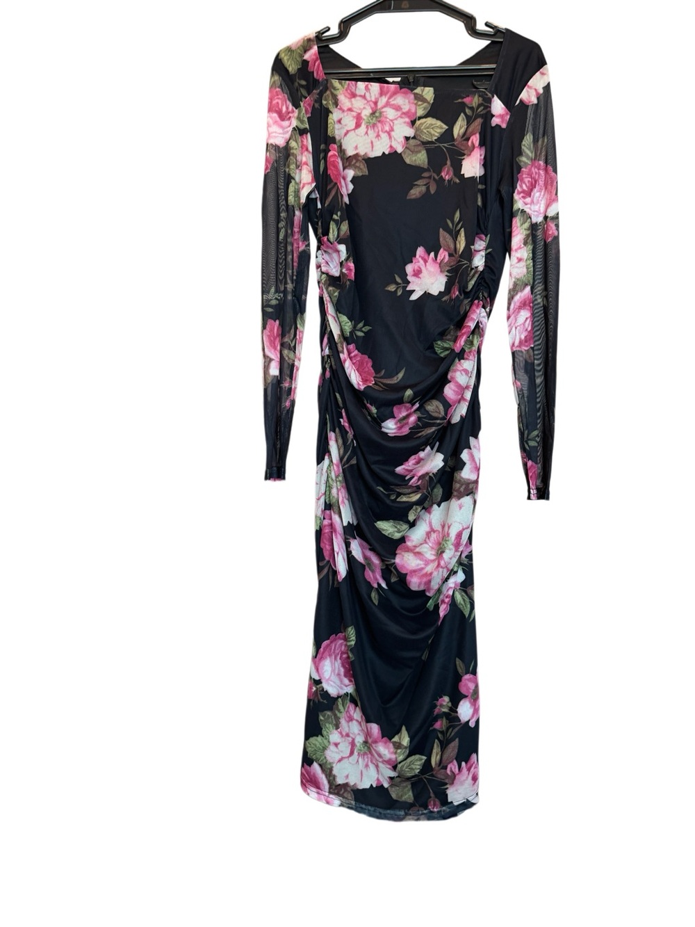 Designer-style Floral Ruched Long Sleeve Dress - Black